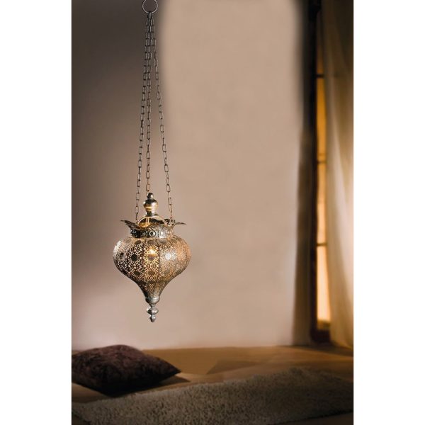 Antique Silver Oriental Metal Hanging Pendant Light Candle Lantern - Small - Image 2