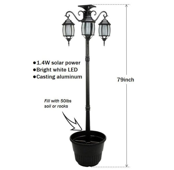 6.6 ft (79 in) Tall Solar Lamp Post and Planter - 3 Heads, White LEDs, Black - Image 2