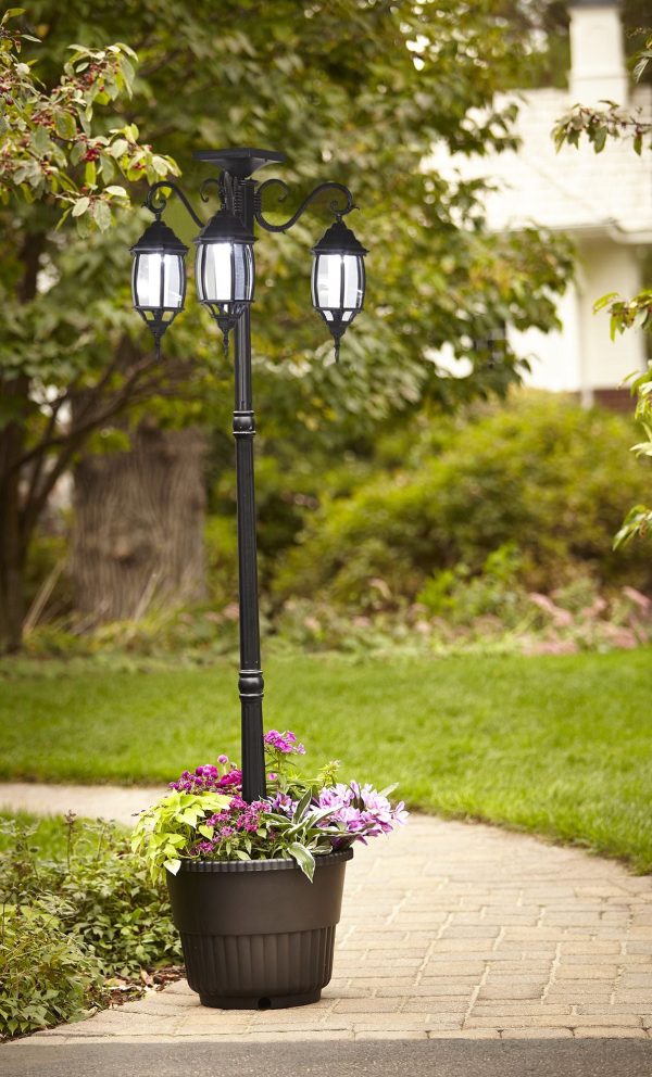 6.6 ft (79 in) Tall Solar Lamp Post and Planter - 3 Heads, White LEDs, Black - Image 4