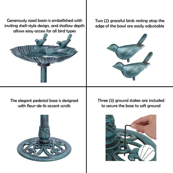 29 Inch Lightweight Verdigris Green Poly Resin Outdoor Birdbath for Outside with Decorative Birds and Pedestal Base Stand - Pedestal Bird Bath for Outdoors Yard and Garden - Image 3
