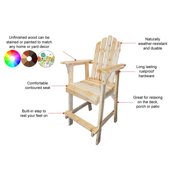 Balcony Tall / Counter High Adirondack Chair with Footrest - Natural Wood - Image 7