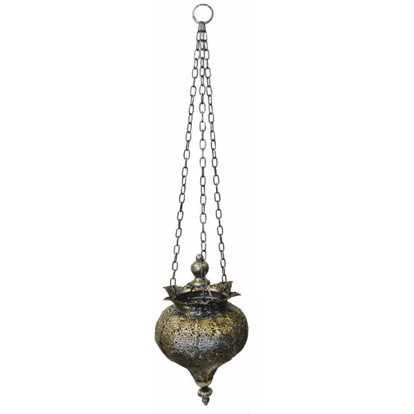 Antique Silver Oriental Metal Hanging Pendant Light Candle Lantern - Small