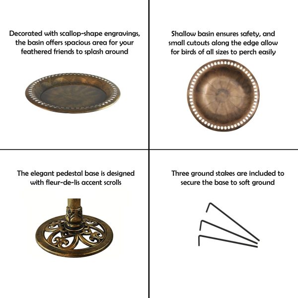 28 Inch Lightweight Poly Resin Outdoor Birdbath for Outside with Decoration Pedestal Base Stand - Pedestal Bird Bath for Outdoors Yard and Garden - Antique Bronze - Image 4