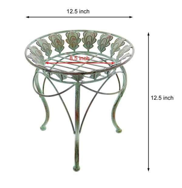 13" Round Metal Plant Stand w/ Peacock Tail Motif and Curved Legs - Image 4