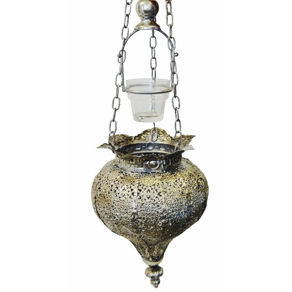 Antique Silver Oriental Metal Hanging Pendant Light Candle Lantern - Small - Image 5