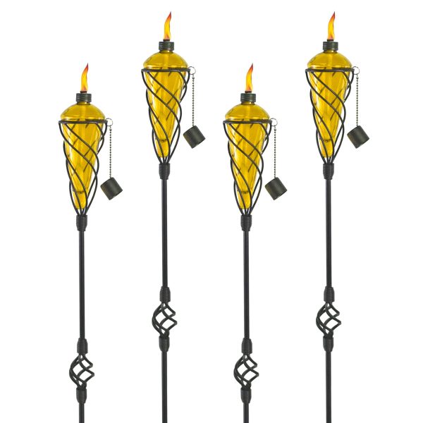 4 Pack 60 Inch Glass Garden Torch Light with Swirling Metal Ground Pole - Burning Citronella Torch Fuel | Outdoor Lighting for Party Patio Pathway Garden Garden Décor - Yellow