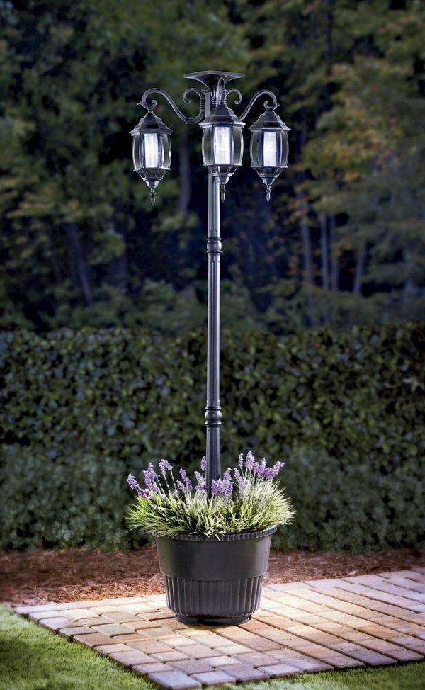 6.6 ft (79 in) Tall Solar Lamp Post and Planter - 3 Heads, White LEDs, Black - Image 3