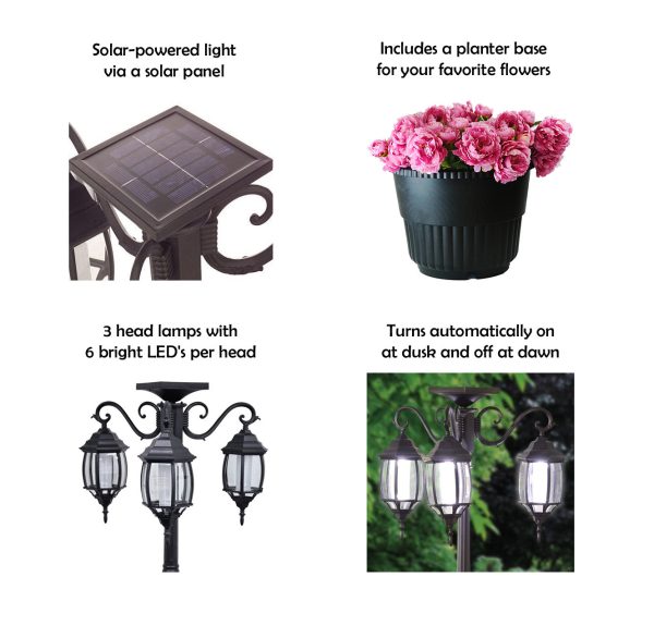 6.6 ft (79 in) Tall Solar Lamp Post and Planter - 3 Heads, White LEDs, Black - Image 7