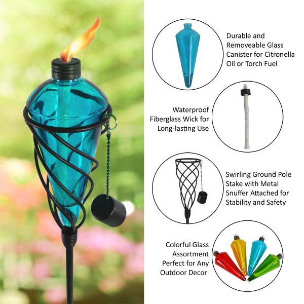 4 Pack 60 Inch Glass Garden Torch Light with Swirling Metal Ground Pole - Burning Citronella Torch Fuel | Outdoor Lighting for Party Patio Pathway Garden Garden Décor - Red - Image 2