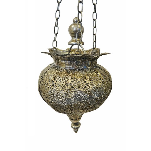 Antique Silver Oriental Metal Hanging Pendant Light Candle Lantern - Small - Image 6