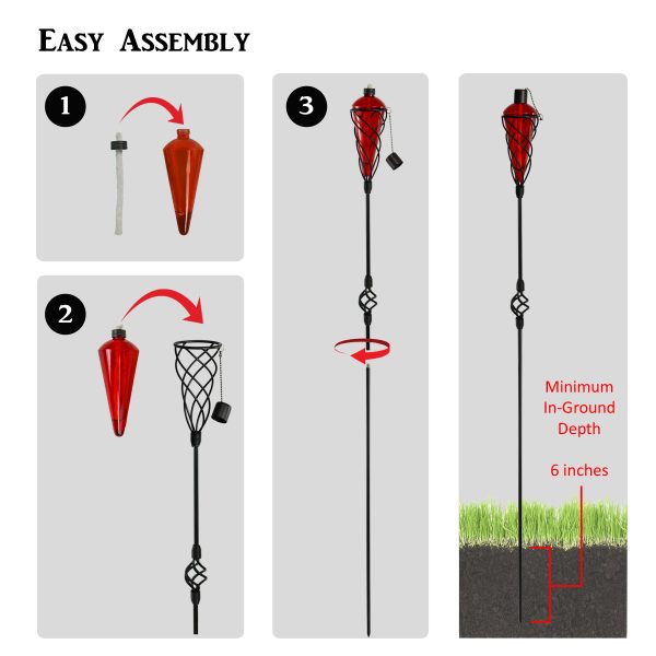 4 Pack 60 Inch Glass Garden Torch Light with Swirling Metal Ground Pole - Burning Citronella Torch Fuel | Outdoor Lighting for Party Patio Pathway Garden Garden Décor - Yellow - Image 4