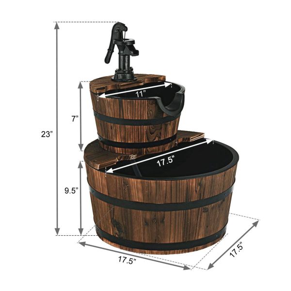 3 Gallons 23" 2_Tier Wood Barrel Water Fountains for Outdoors with Adjustable Pump - Image 5