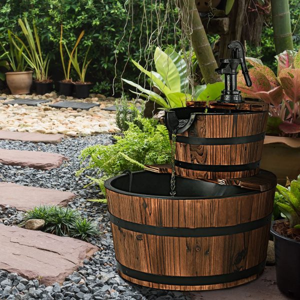 3 Gallons 23" 2_Tier Wood Barrel Water Fountains for Outdoors with Adjustable Pump - Image 2