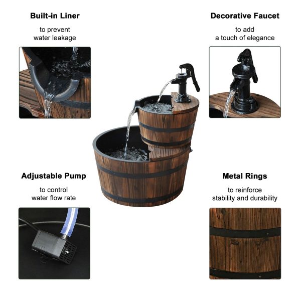 3 Gallons 23" 2_Tier Wood Barrel Water Fountains for Outdoors with Adjustable Pump - Image 4