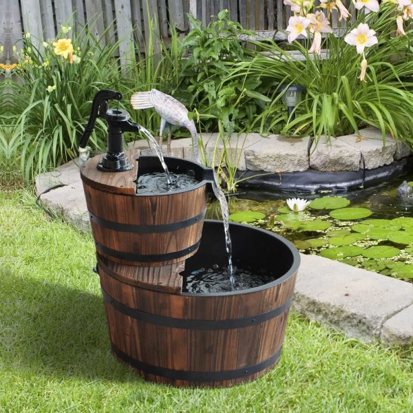 3 Gallons 23" 2_Tier Wood Barrel Water Fountains for Outdoors with Adjustable Pump - Image 3