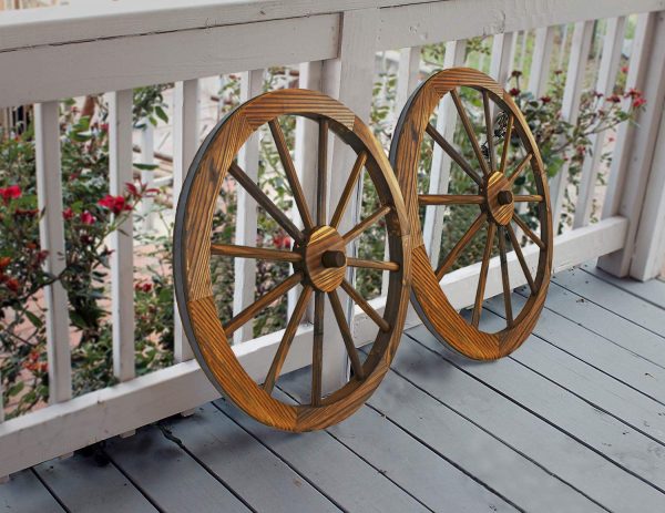 24 in Steel-rimmed Wooden Wagon Wheels - Decorative Wall Decor, Set of Two - Image 2