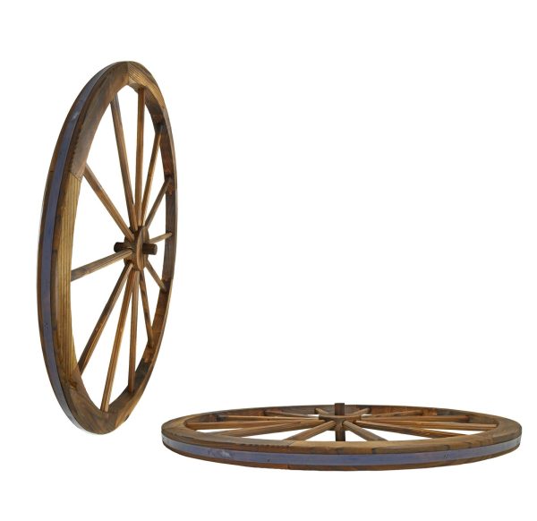 36 in Steel-rimmed Wooden Wagon Wheels - Decorative Wall Decor, Set of Two - Image 5