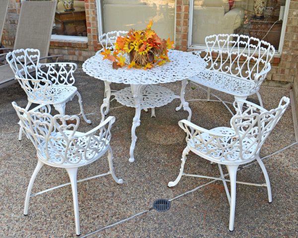 Antique Victorian Cast Aluminum Patio Dining Loveseat / Bench - White Heart - Image 4