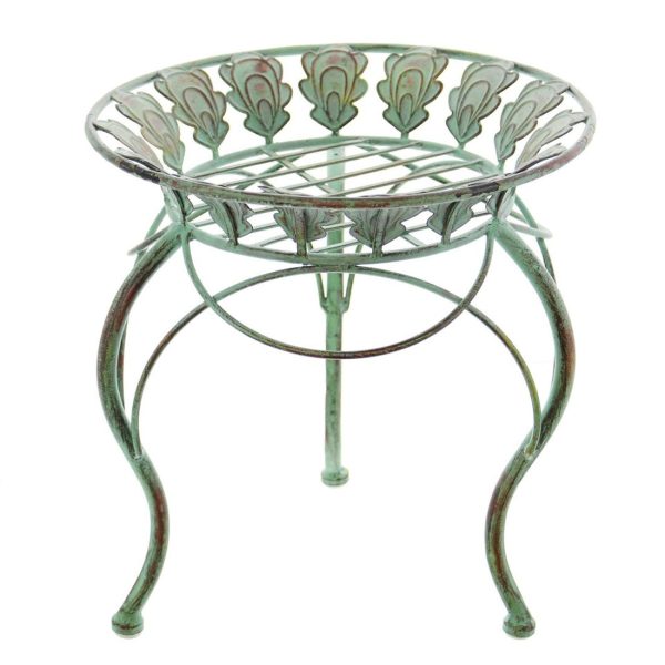13" Round Metal Plant Stand w/ Peacock Tail Motif and Curved Legs - Image 5