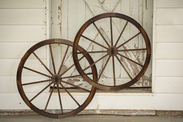 36 in Steel-rimmed Wooden Wagon Wheels - Decorative Wall Decor, Set of Two - Image 2