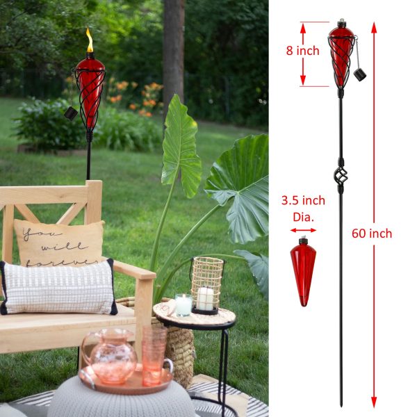 4 Pack 60 Inch Glass Garden Torch Light with Swirling Metal Ground Pole - Burning Citronella Torch Fuel | Outdoor Lighting for Party Patio Pathway Garden Garden Décor - Green - Image 3