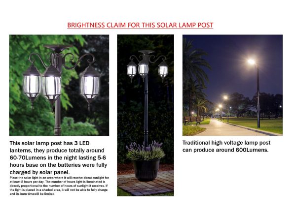 6.6 ft (79 in) Tall Solar Lamp Post and Planter - 3 Heads, White LEDs, Black - Image 5
