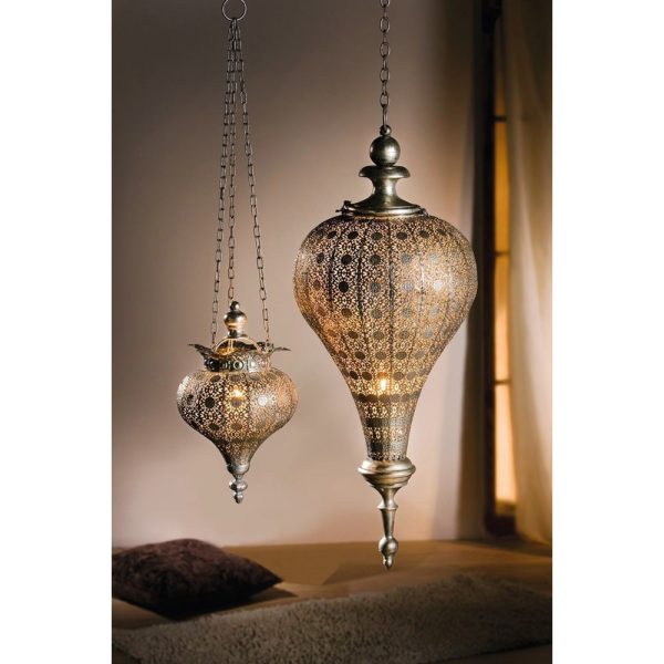 Antique Silver Oriental Metal Hanging Pendant Light Candle Lantern - Small - Image 3