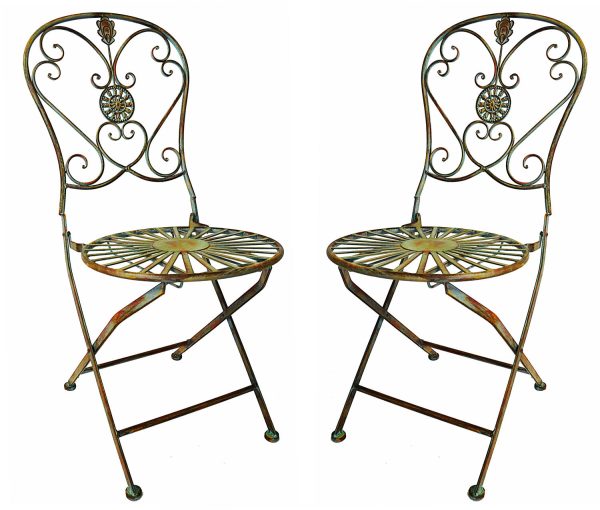 Folding Metal Bistro Chair w/ Scrolling Heart & Peacock Tail Motif, Set of Two
