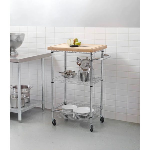 Style Selections Chrome Steel Base with Wood Top Rolling Kitchen Cart 24in x 19.7in x 38in - MadeInUSA - Image 3