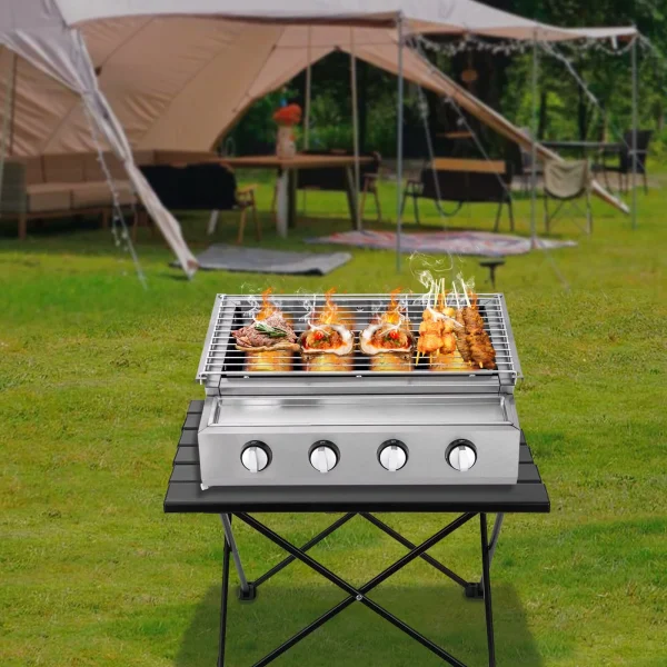 ZhdnBhnos 4-Burner BBQ Propane Gas Grill Stainless Steel Outdoor Camping Picnic Roast Smokeless Grill Portable Barbecue Griddle - MadeInUSA