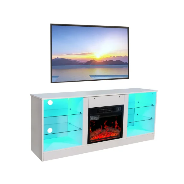 TV Stand With 18 Inch Electric Fireplace Heater,Modern Entertainment Center for TVs Up to 62 Inch With Adjustable Glass Shelves and Storage Cabinets ( White ) - MadeInUSA - Image 3
