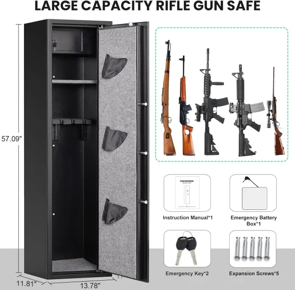 Foorsun Biometric Fingerprint Long Gun Safe, 4~5 Gun Cabinets for Rifles and Shotguns, Long Gun Cabinet for Home with Adjustable Support Frame, Ammo Storage Box and Pistol Bag - MadeInUSA - Image 5