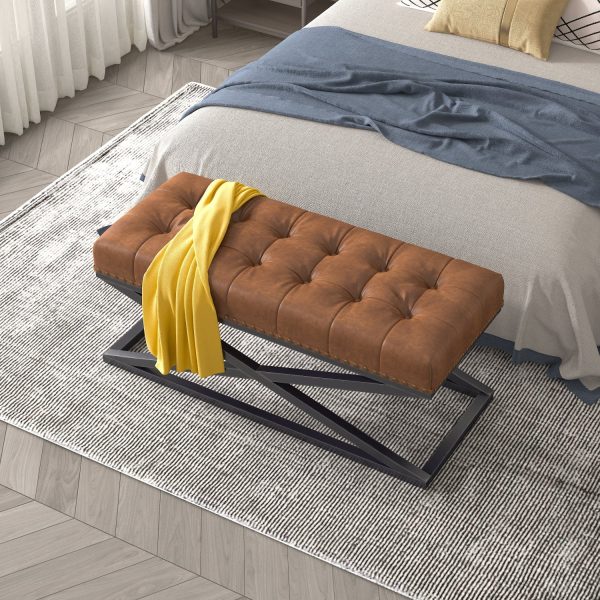 Elegant Vintage Vegan Leather Bench in Stylish Brown with Sturdy Stainless Steel Base - Ideal Furniture Piece for Enhancing Your Living Room Decor - MadeInUSA - Image 2