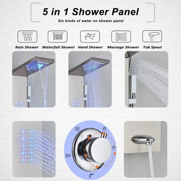 Zovajonia LED Shower Panel Tower System, 6-Functions Stainless Steel Shower Tower Waterfall ShowerheadShower Jets, Rain Shower System Brushed Nickel - MadeInUSA - Image 5