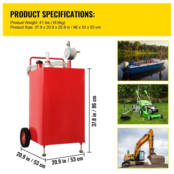 SKYSHALO Fuel Storage Tank on 2 Wheels, 30 Gallon Fuel Caddy, Portable Gas Caddy with Manuel Transfer Pump, Gasoline Diesel Fuel Container For Cars, Boats Red - MadeInUSA - Image 7