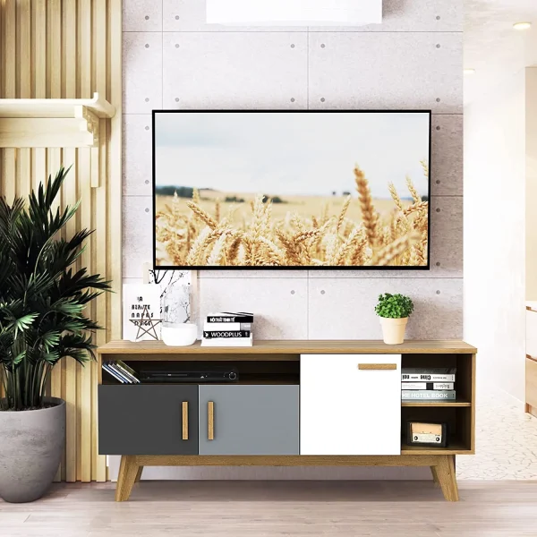 Modern TV Stand, Wood TV Console Table for TVs up to 65 Inch, Entertainment Center with 3 Storage Cabinets & 3 Open Shelves, Media Console TV Cabinet for Living Room Bedroom (Natural) - MadeInUSA - Image 2