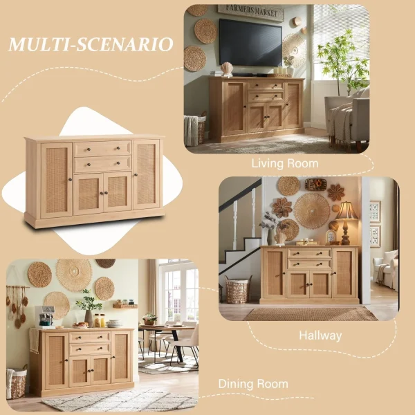 SinCiDo Rattan TV Stand for 65 Inch TVs, 34"Tall Entertainment Center w/Double Large Drawers, Boho Media Console Cabinet w/4 Rattan Door & Adjustable Shelves for Living Room - MadeInUSA - Image 3