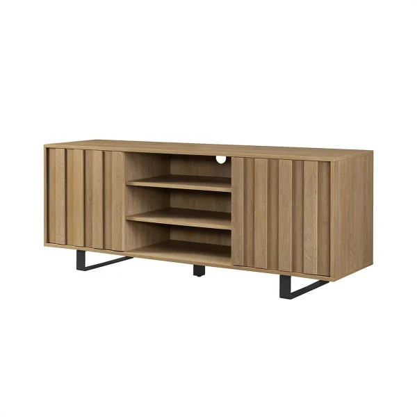 Pemberly Row 60"Modern Wood TV Cabinet with Paneled Doors - Oak / Black - MadeInUSA - Image 4
