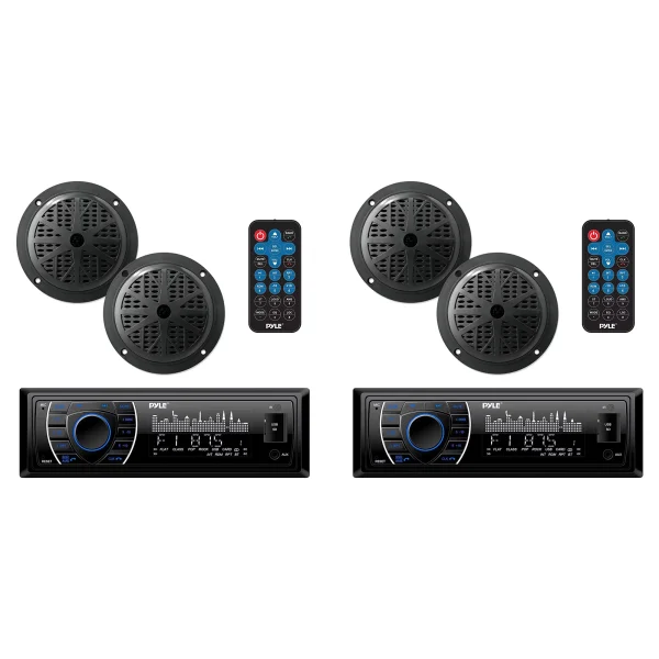 Pyle 5.25 Inch Bluetooth Marine Receiver Stereo & Speaker Kit, Black (2 Pack) - MadeInUSA