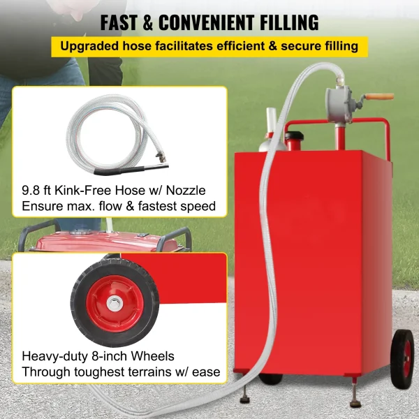 SKYSHALO Fuel Storage Tank on 2 Wheels, 30 Gallon Fuel Caddy, Portable Gas Caddy with Manuel Transfer Pump, Gasoline Diesel Fuel Container For Cars, Boats Red - MadeInUSA - Image 6
