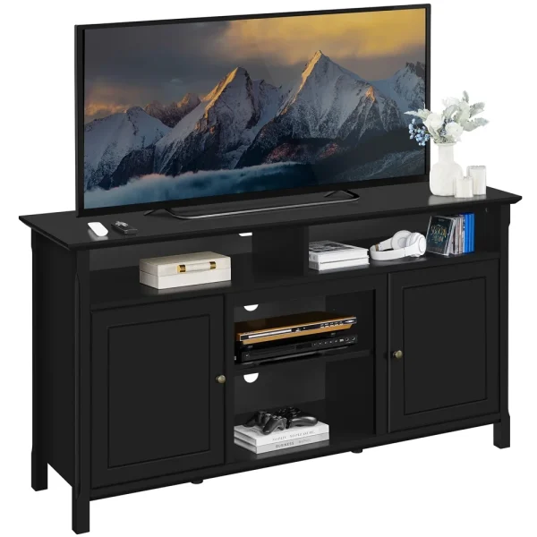 Topeakmart 58in Modern MDF TV Stand with Seperated Shelf & 6 Compartments for TVs up to 65in, Black - MadeInUSA