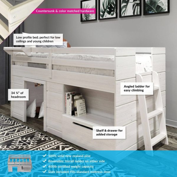 Max & Lily Modern Farmhouse Low Loft Bed, Twin Bed Frame for Kids with 1 Drawer, White Wash - MadeInUSA - Image 8