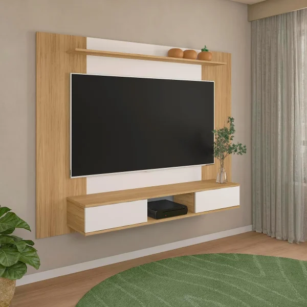 U-SHARE Deborah Floating Entertainment Center for up to 65 inch TVs, TV Wall Panel with LED Strip and Shelf, Floating TV Stand, White - MadeInUSA