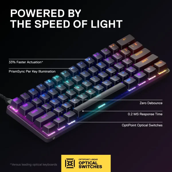 SteelSeries - Apex 9 Mini 60% Wired OptiPoint Adjustable Actuation Switch Gaming Keyboard with RGB Lighting - Black - MadeInUSA - Image 3