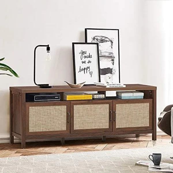 TQNLKGZ Mid-Century Modern TV Stand   Style TV Entertainment Center  TV Console Table w/3 Rattan Doors  Open   Interior Adjustable  Shelves  for TVs up to 65 Inches  Grey Oak - MadeInUSA - Image 4