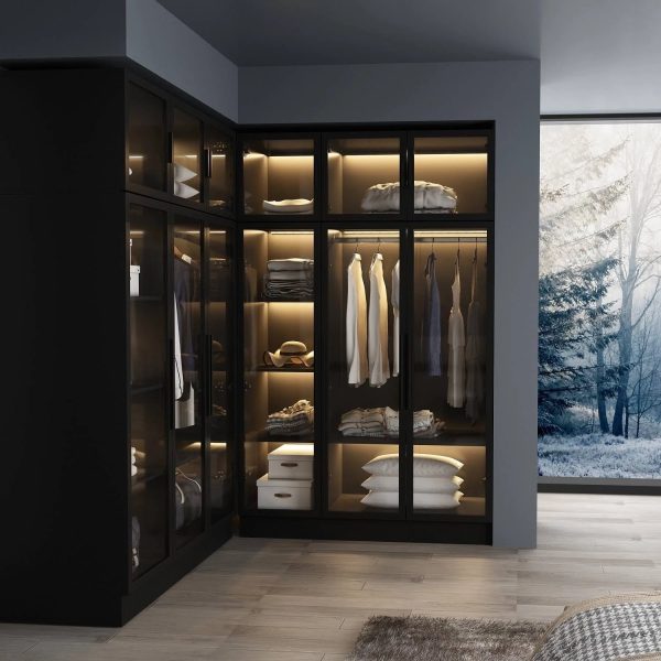 Lighted Modern Glass Door Wardrobe Armoire with Ample Storage - 47.2" Black - MadeInUSA