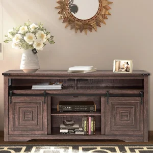 JYHOME Farmhouse TV Stand for TVs up to 75 inch  66" W Rustic Entertainment Center with Sliding Barn Doors Distressed Wood TV Cabinet Media Console Table for Living Room  Bedroom (Bro - MadeInUSA