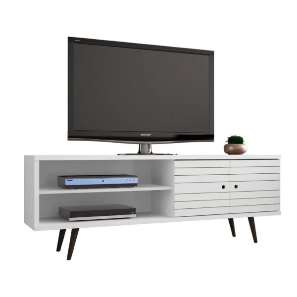 Pemberly Row Mid-Century Solid Wood TV Stand for TVs up to 60"in White - MadeInUSA