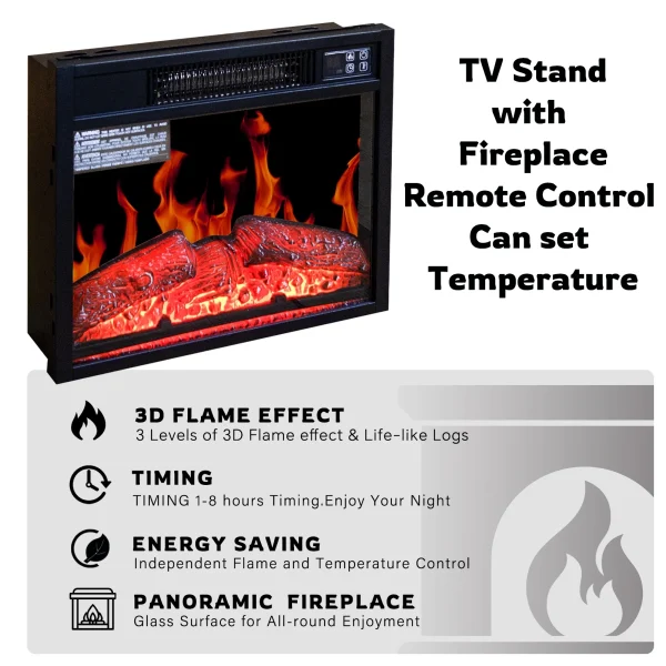 TV Stand With 18 Inch Electric Fireplace Heater,Modern Entertainment Center for TVs Up to 62 Inch With Adjustable Glass Shelves and Storage Cabinets ( White ) - MadeInUSA - Image 7