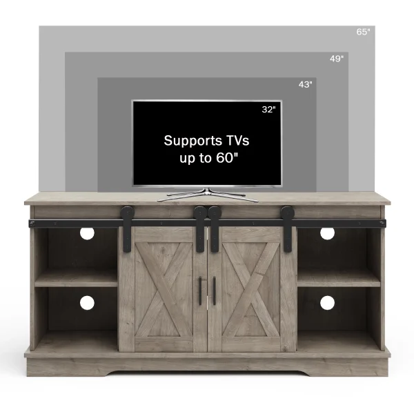 Lavish Home 65-Inch TV Stand with Sliding Barn Doors and Shelves, Gray - MadeInUSA - Image 3